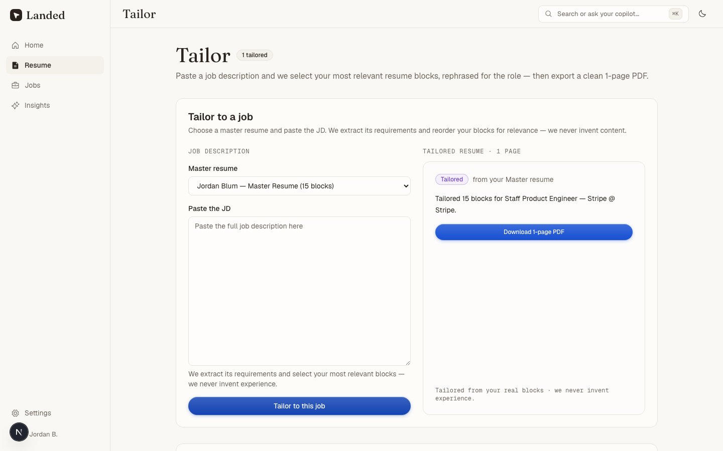 A resume tailored to a job in Landed, with AI-suggested edits marked.
